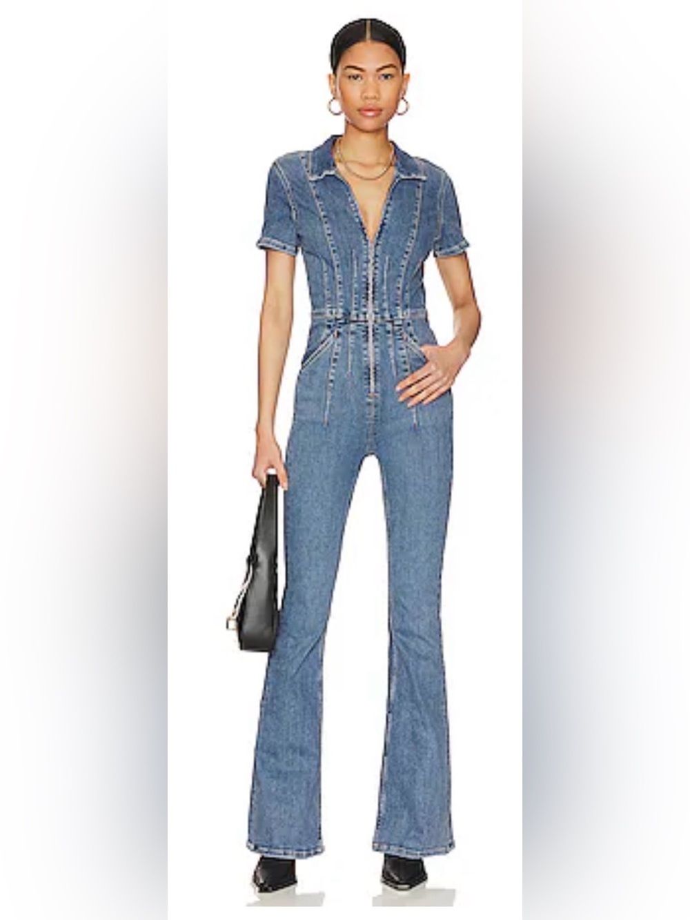 We The Free Blue Denim Short-Sleeve Jumpsuit Overalls